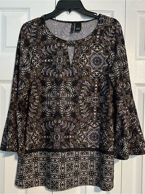 New Directions Black & Brown Patterned Bell-Sleeve Tunic